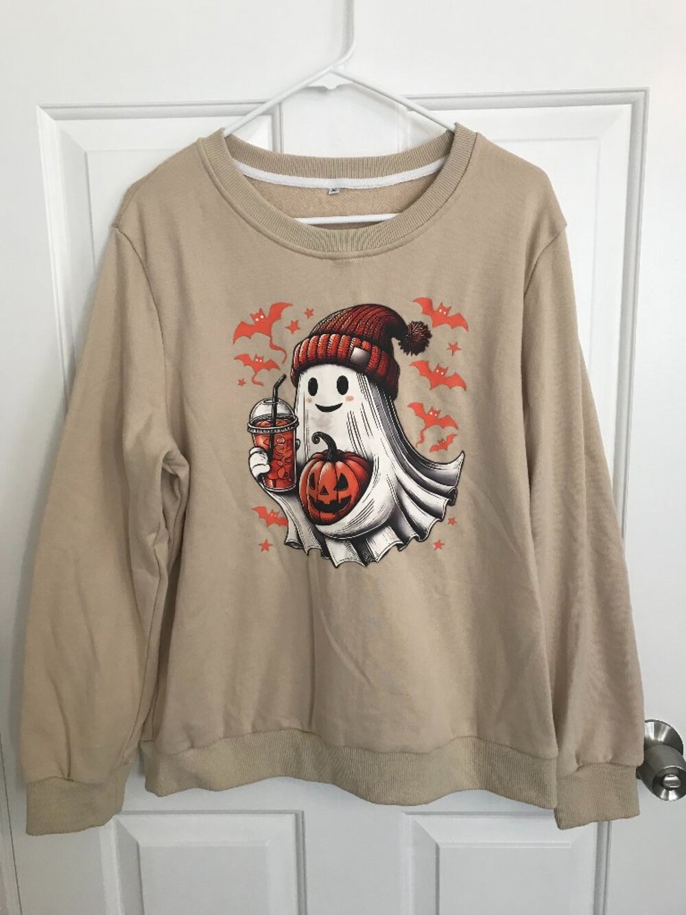 Halloween Ghost Latte Pumpkin Bats Graphic Sweatshirt Size XL Beige Orange